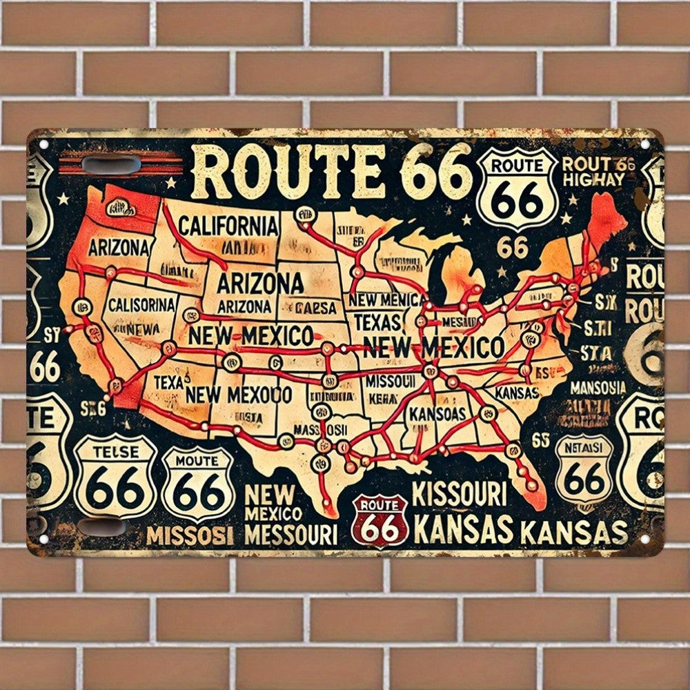 Route 66 Metal Sign - Vintage Style Map Decorative Tin Wall Art Plaque