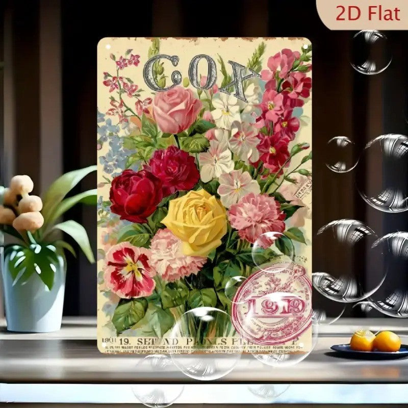 Vintage Floral Metal Sign - 1919 Botanical Tin Wall Art Decor Plaque