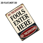 Funny Warning Fools Enter Here Metal Tin Sign - Retro Industrial Garage Decor