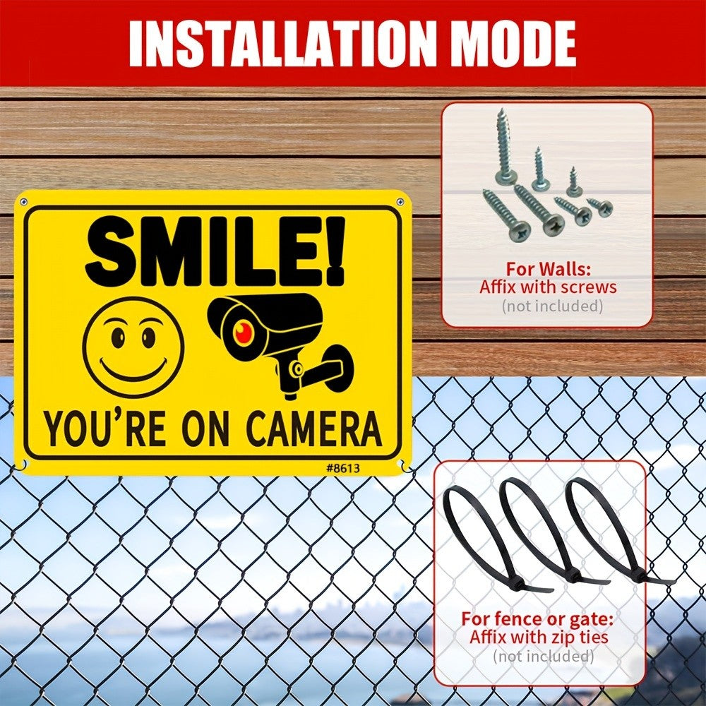 Smile Youre On Camera Tin Sign Yellow Security Metal Wall Art Surveillance Decor