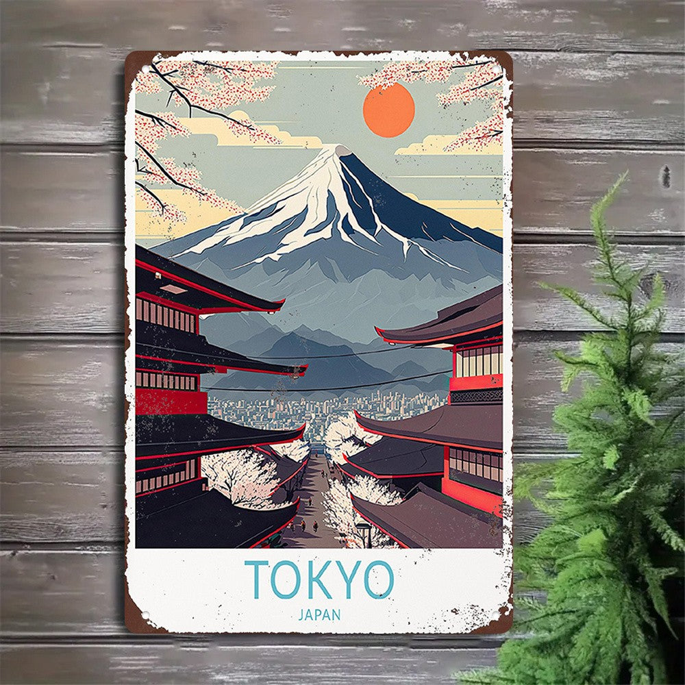 Classic Japan Travel Tin Sign - Mt Fuji and Temple Wall Art Metal Poster