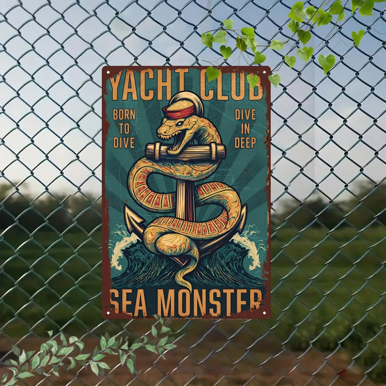 "Yacht Club" Metal Sign - Sea Monster Anchor Tin Wall Art Decor Plaque