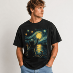 Starry Night Cat T-Shirt: Vincent Van Gogh Style, Black Cat Lover Gift TShirt