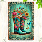 Floral Cowboy Boots Metal Sign - Retro Western Country Tin Wall Decor Plaque