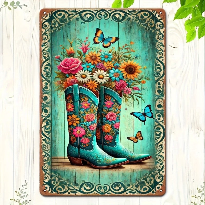 Floral Cowboy Boots Metal Sign - Retro Western Country Tin Wall Decor Plaque
