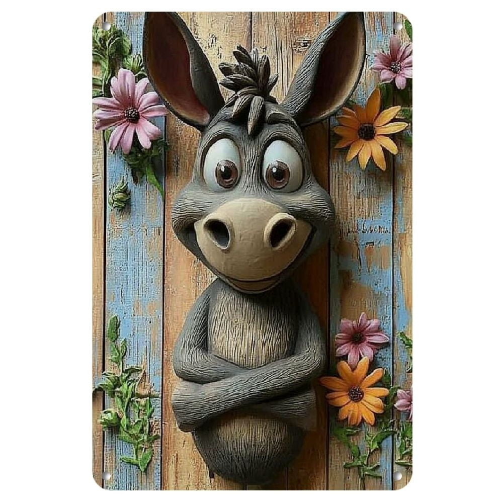 Retro Cute Donkey Metal Sign Vintage Wildflower Rustic Wood Cabin Wall Decor