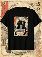 Men's Vintage Japanese Ramen Cat T-Shirt - Kitten Eating Noodles Print