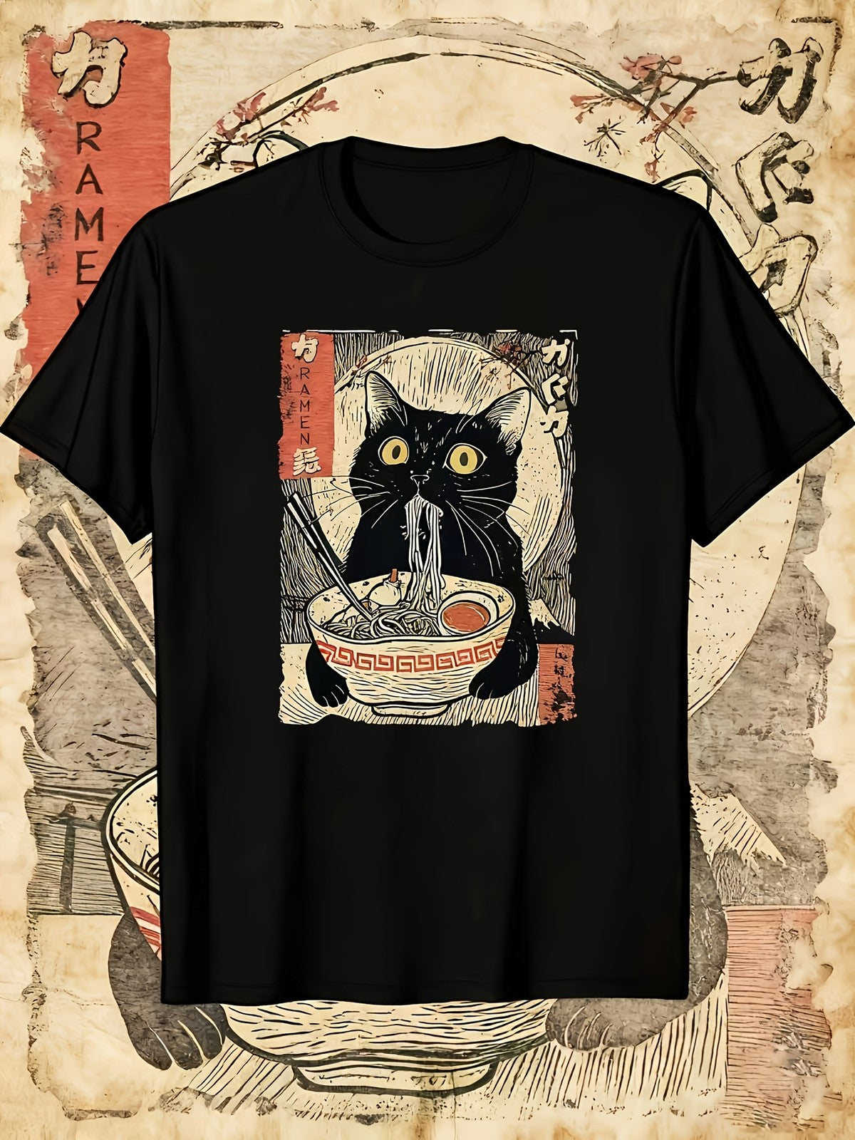 Men's Vintage Japanese Ramen Cat T-Shirt - Kitten Eating Noodles Print