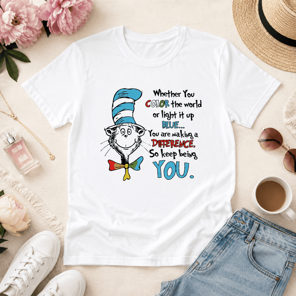 Women Teacher Appreciation Cat Graphic T-Shirt You Make A Difference Casual Tee