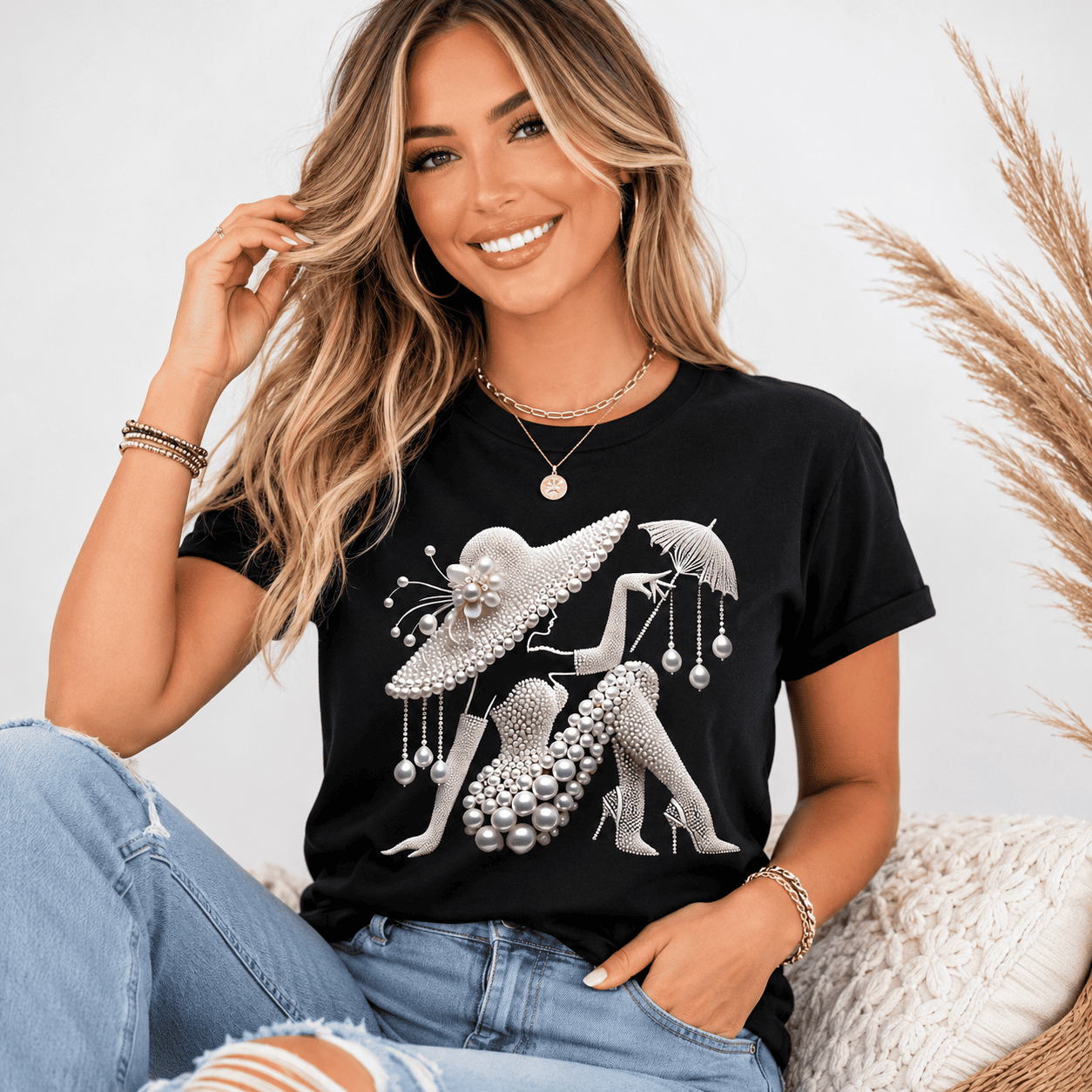 Women Elegant Pearl Fashion T-Shirt Short Sleeve Casual Round Neck Summer Tee