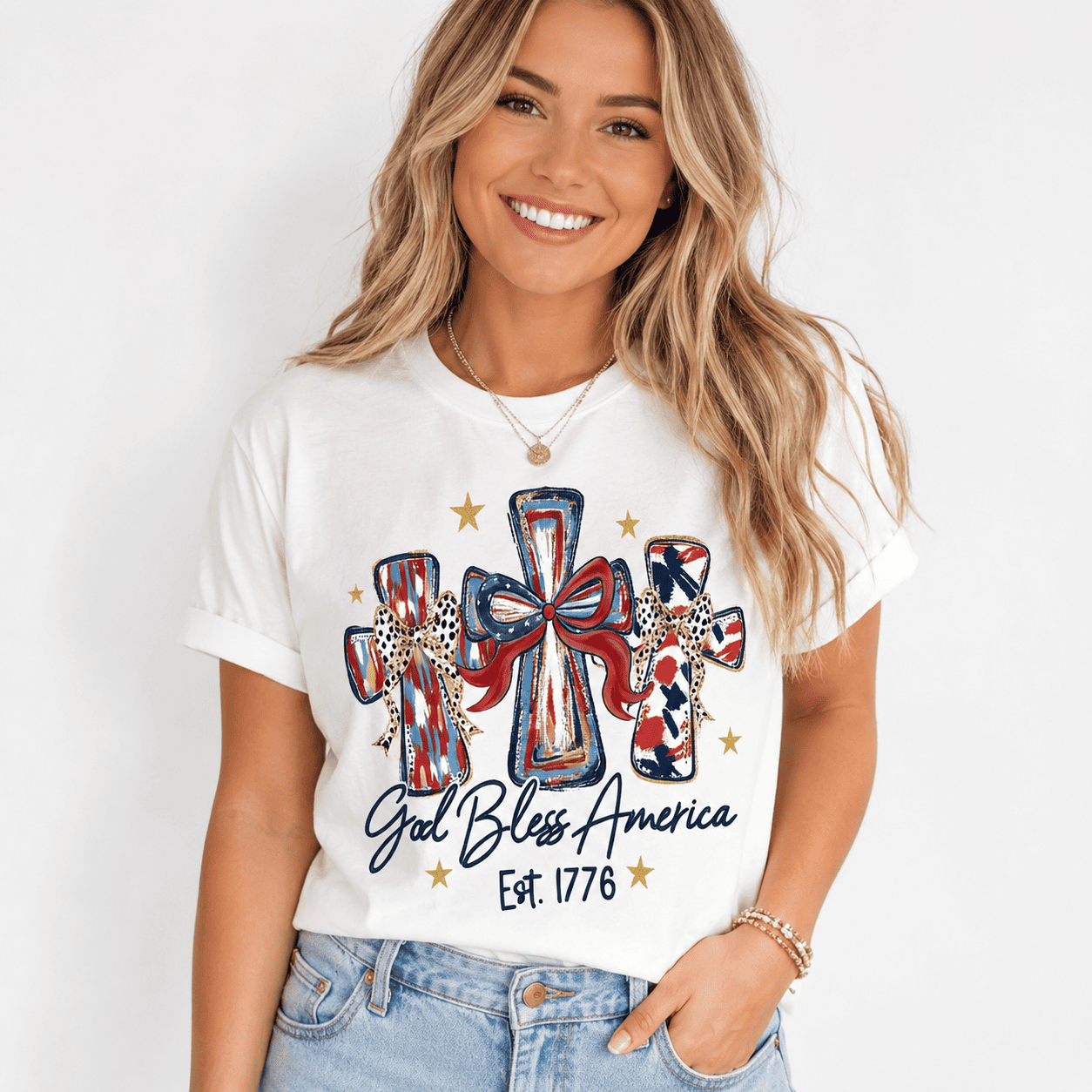 Women's God Bless America 250th Anniversary Patriotic Graphic T-Shirt