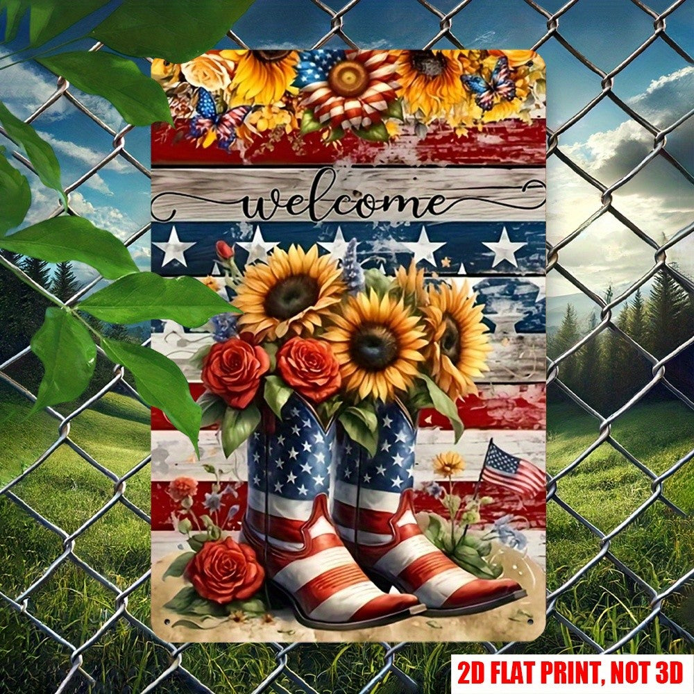 Americana Tin Sign - Sunflower & Boot Welcome Metal Poster for Front Porch