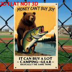 Money Cant Buy Joy Tin Sign Metal Camping Gear Wall Decor Funny Bass Bear