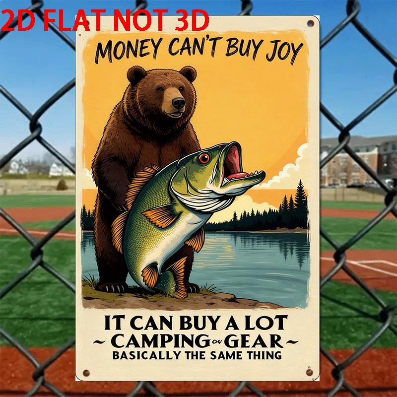 Money Cant Buy Joy Tin Sign Metal Camping Gear Wall Decor Funny Bass Bear