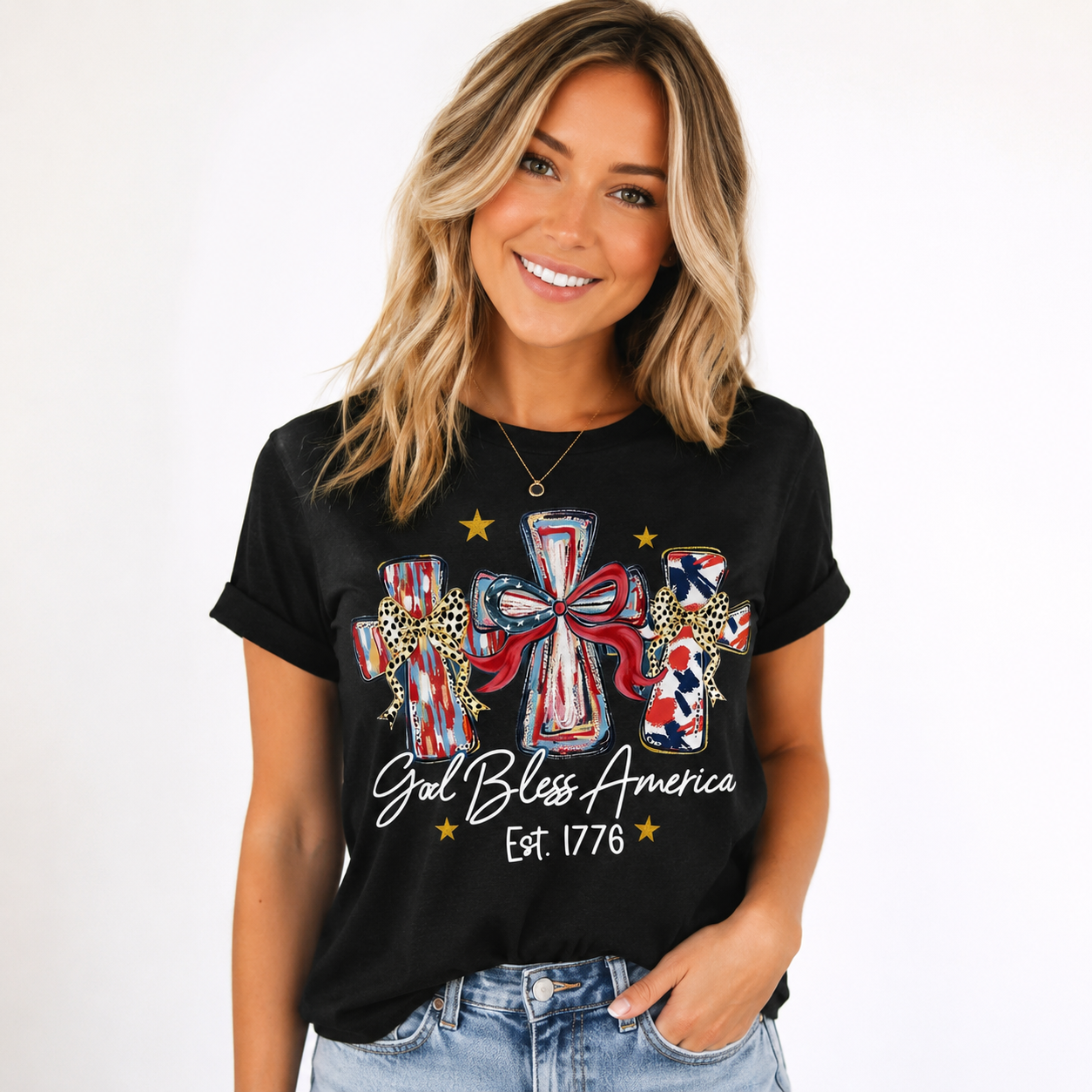Women's God Bless America 250th Anniversary Patriotic Graphic T-Shirt