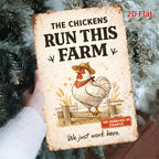 "Chickens Run This Farm" Metal Sign - Funny Farmhouse Tin Wall Decor Plaque