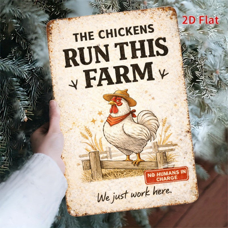 "Chickens Run This Farm" Metal Sign - Funny Farmhouse Tin Wall Decor Plaque