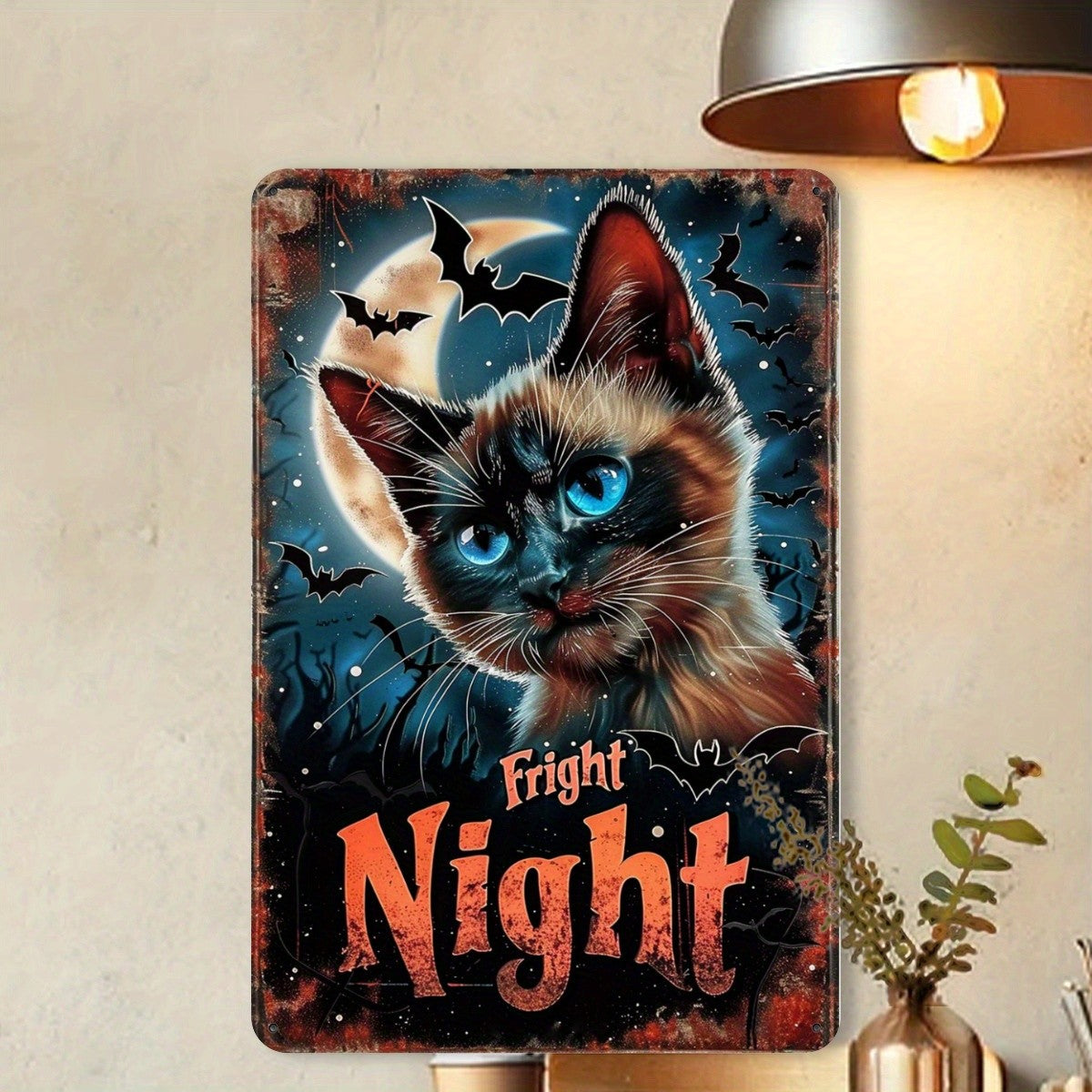 "Fright Night" Metal Sign - Halloween Cat Tin Wall Art Decor Plaque