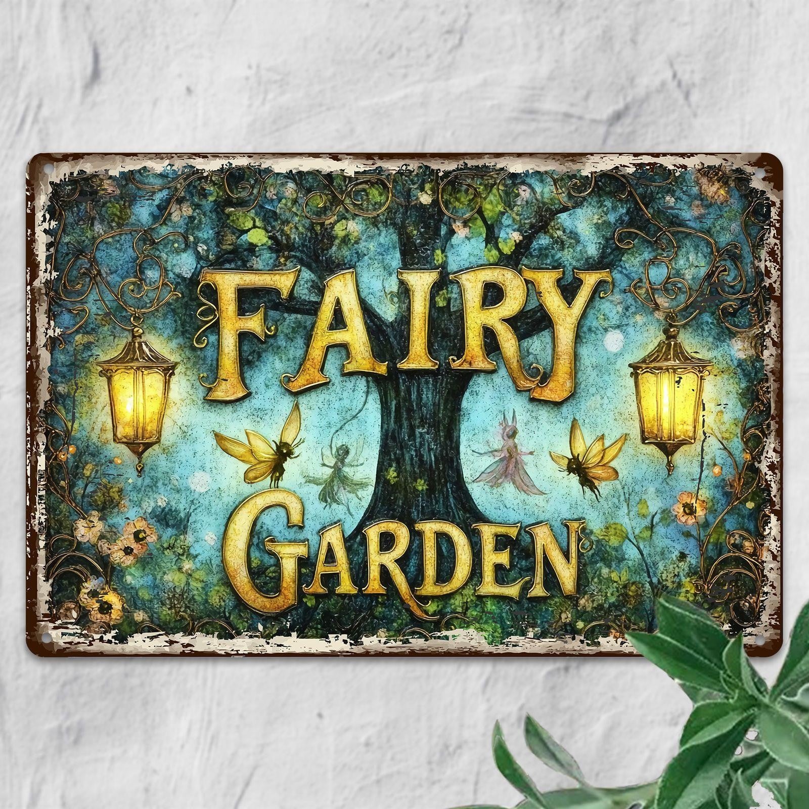 Whimsical Pixie Woodland Tin Sign - Antique Mythical Garden Art Metal Poster