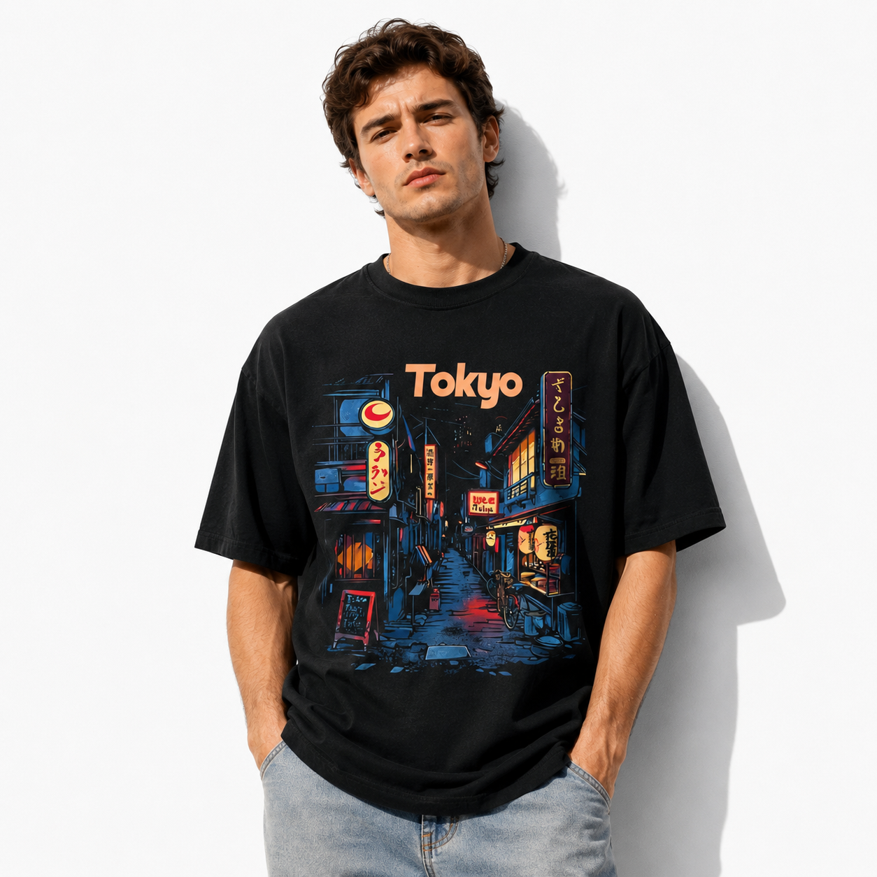 Tokyo Night Alleyway Graphic Tee - Retro Japanese Cityscape Streetwear Shirt