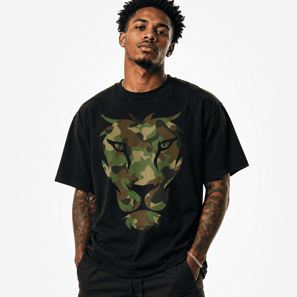 Camo Lion Head Graphic T-Shirt Military Camouflage Animal Print Tee