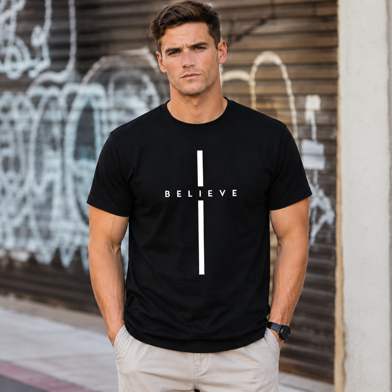 Minimalist "Believe" Cross Graphic Tee – Modern Faith Tshirt