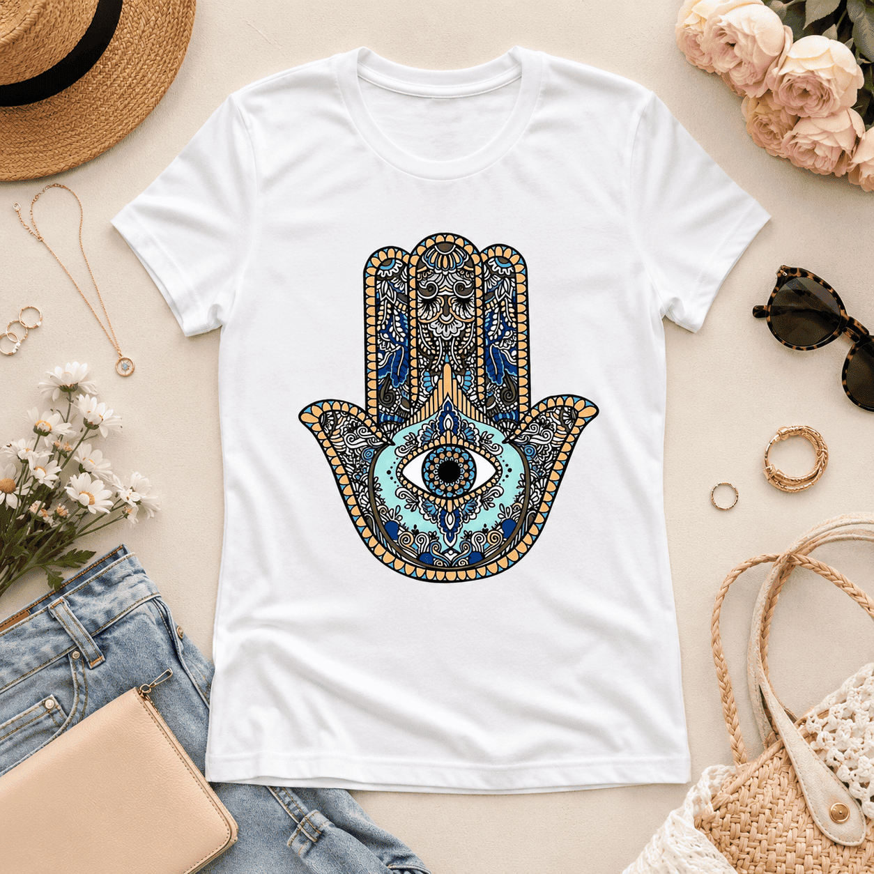 Women Boho Hamsa Hand Evil Eye Graphic T-Shirt Casual Short Sleeve Tee Top
