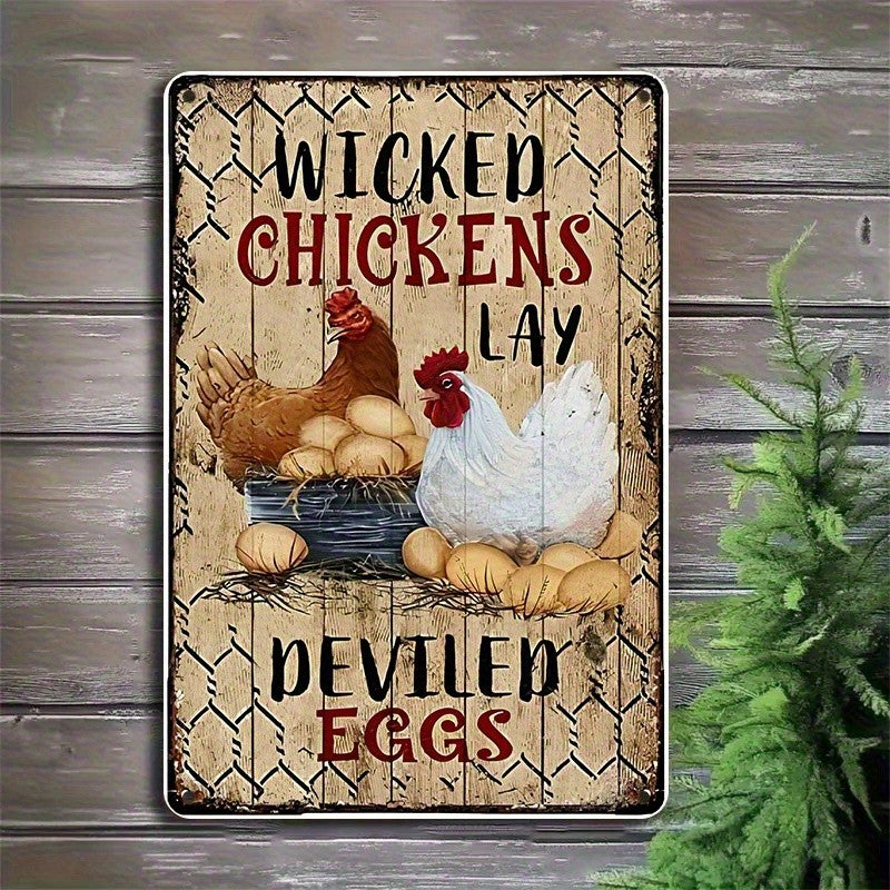 Funny Chicken Metal Sign - "Wicked Chickens" Deviled Eggs Tin Wall Decor