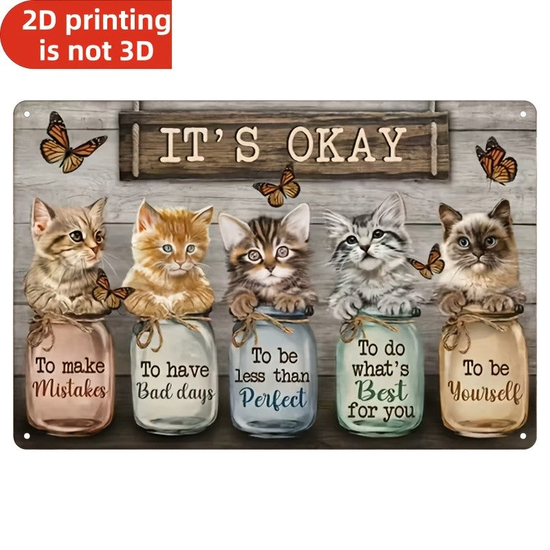Motivational Cat Tin Sign - Vintage Style Kitten Mason Jar Wall Art Decor