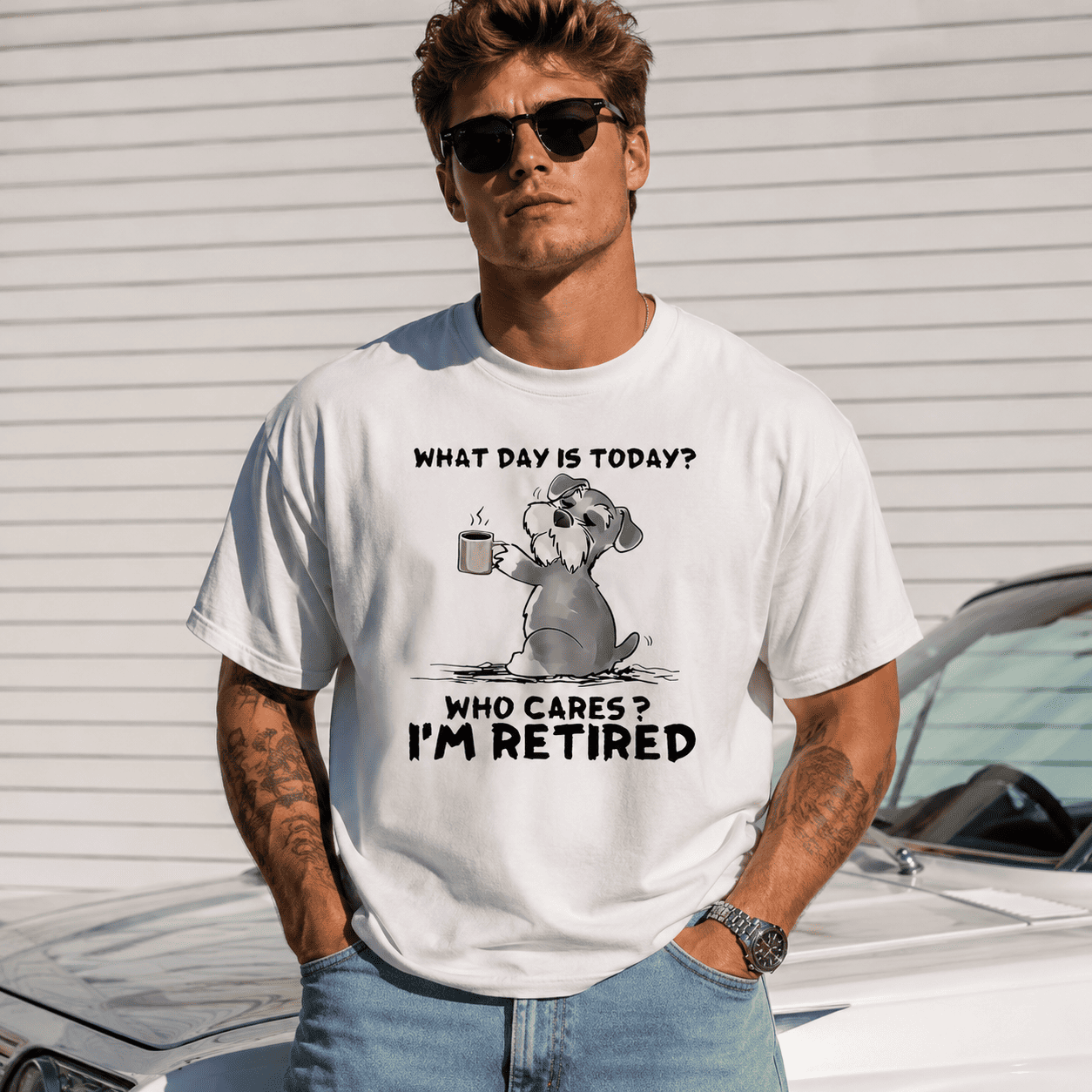 What Day Is Today Who Cares I'm Retired Funny Dog Graphic T-Shirt