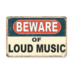 Vintage Beware of Loud Music Metal Tin Sign - Retro Warning Garage Band Plaque