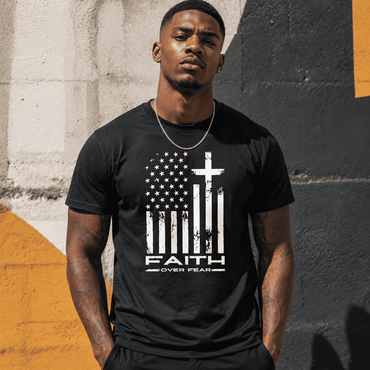 Faith Over Fear American Flag Cross Graphic T-Shirt Patriotic Christian Tee