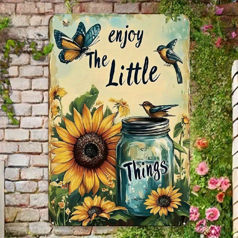 Enjoy The Little Things Metal Sign - Retro Sunflower Mason Jar Tin Wall Decor