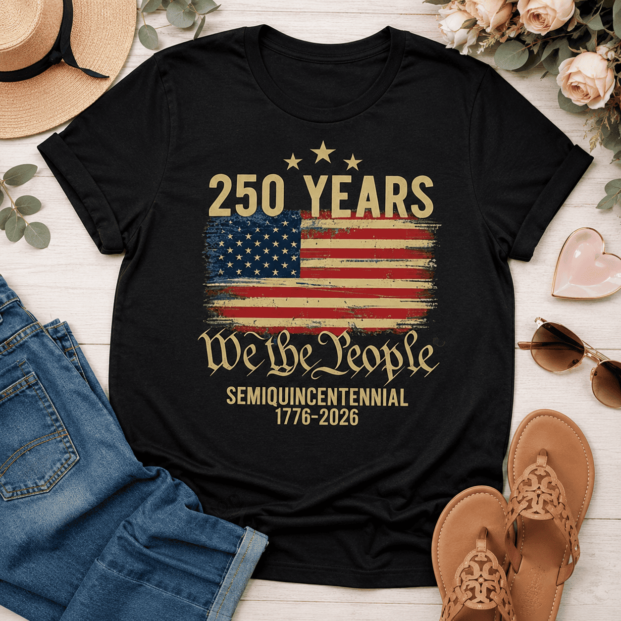 Women's Retro USA 250th Anniversary Flag Patriotic 4th of July T-Shirt