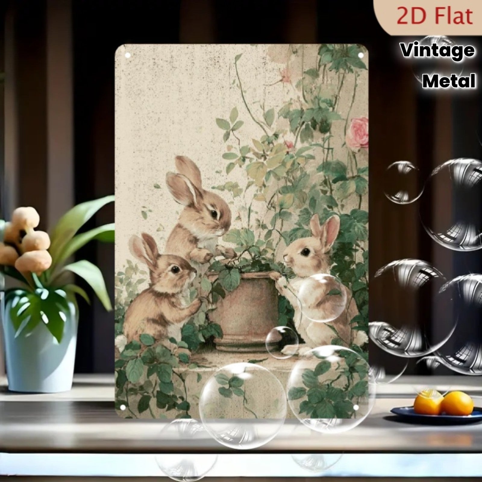 Rabbit Metal Sign - Vintage Style Garden Bunnies Tin Wall Art Decor