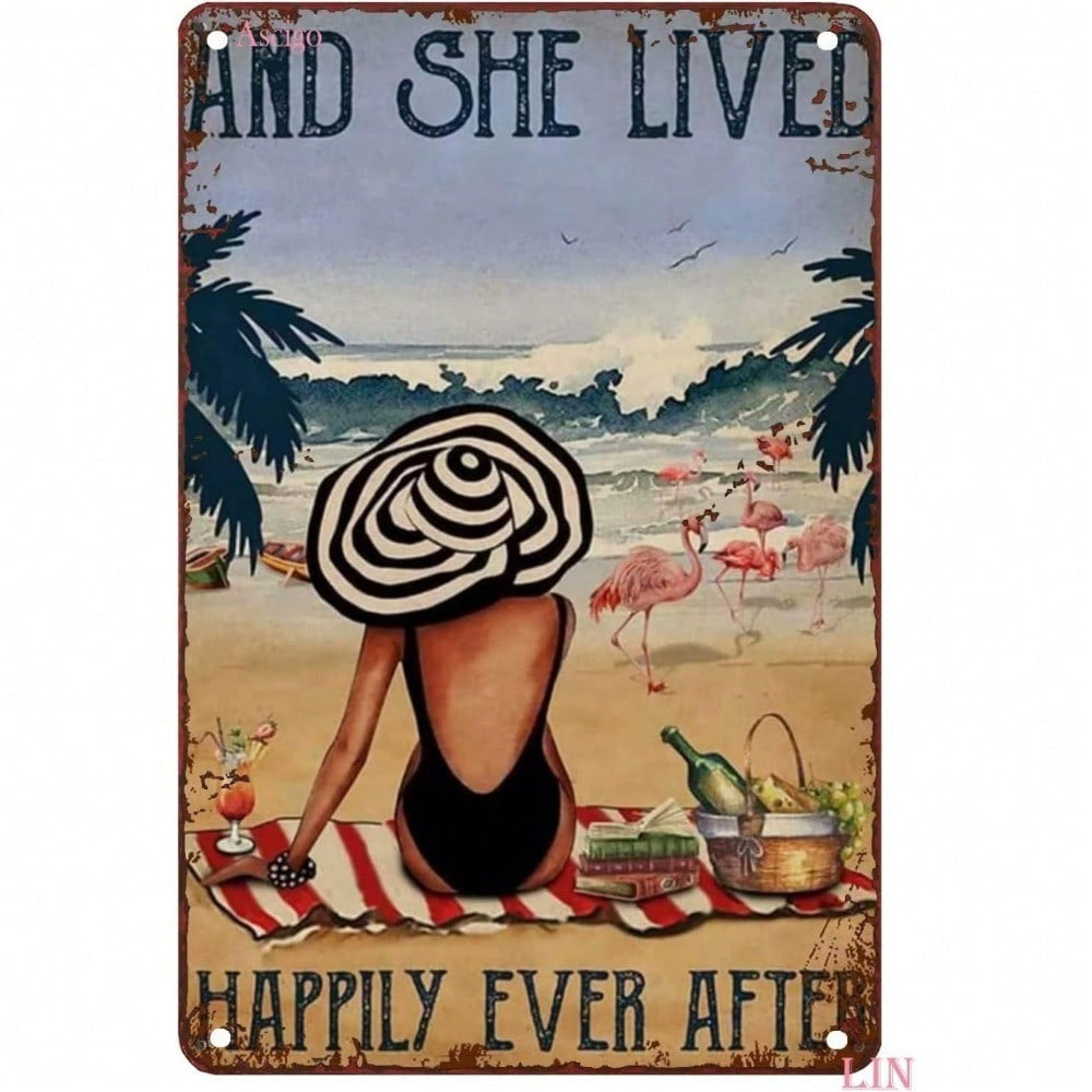 And She Lived Happily Ever After Tin Sign Vintage Beach Metal Wall Decor