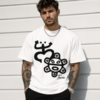 Abstract Tribal Symbol Graphic T-Shirt – Bold Black Print on White Tee