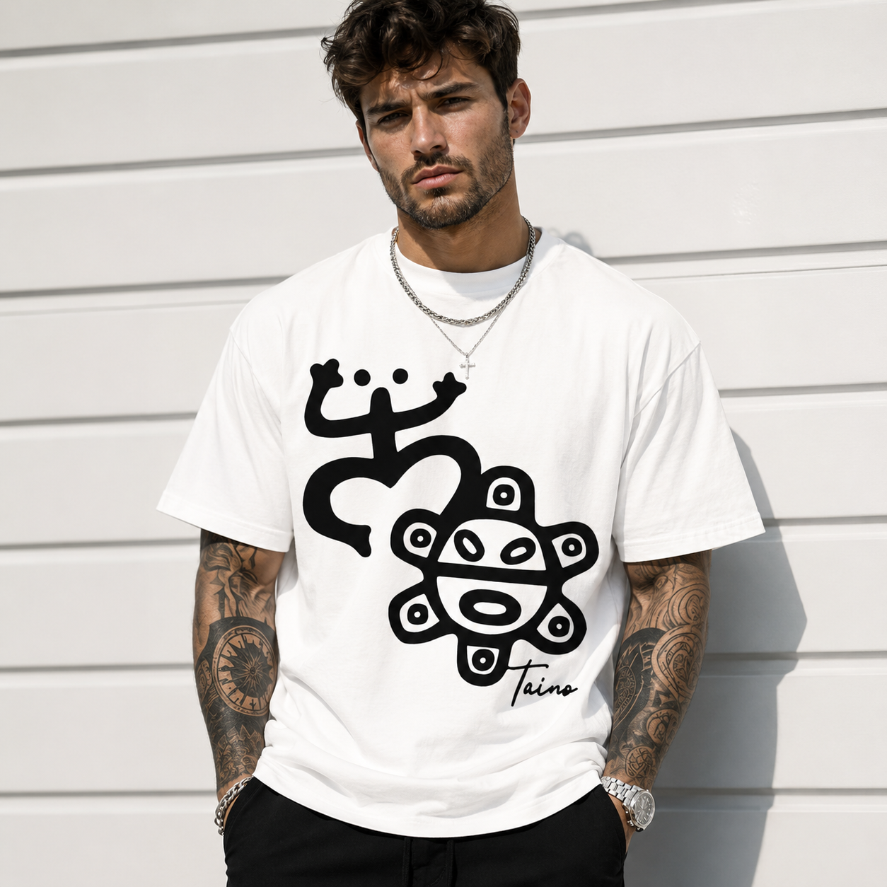 Abstract Tribal Symbol Graphic T-Shirt – Bold Black Print on White Tee