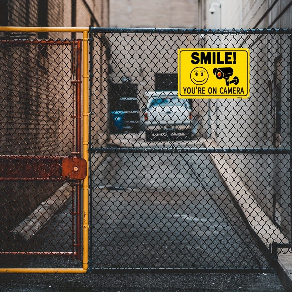 Smile Youre On Camera Tin Sign Yellow Security Metal Wall Art Surveillance Decor