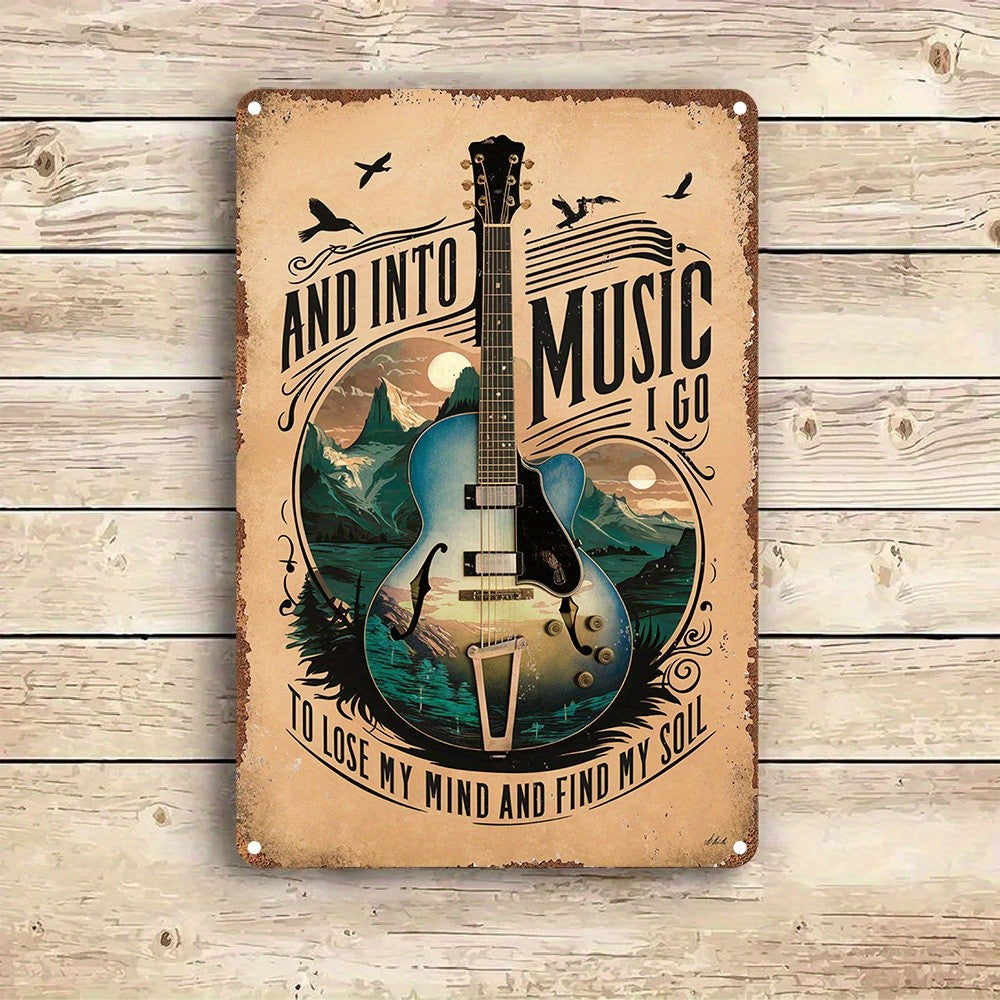 Into Music I Go Metal Tin Sign Vintage Guitar Wall Art Retro Rock And Roll Decor
