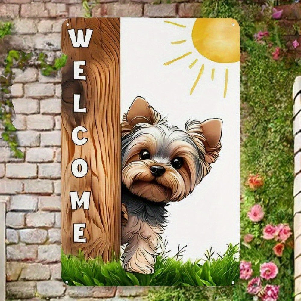 Cute Yorkie Welcome Metal Sign - Vintage Yorkshire Terrier Dog Tin Decor