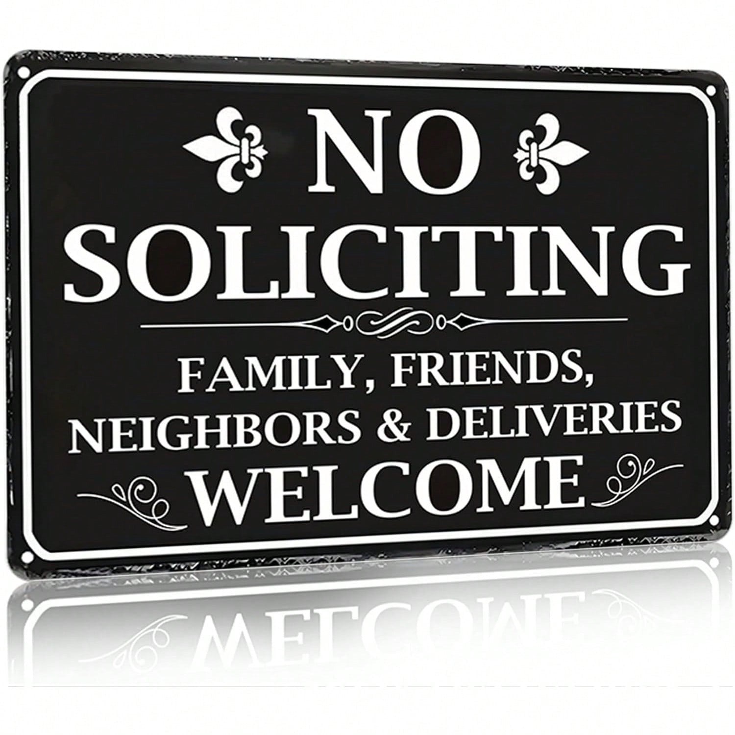 No Soliciting Metal Tin Sign - Funny Front Door Welcome Family Neighbors Decor