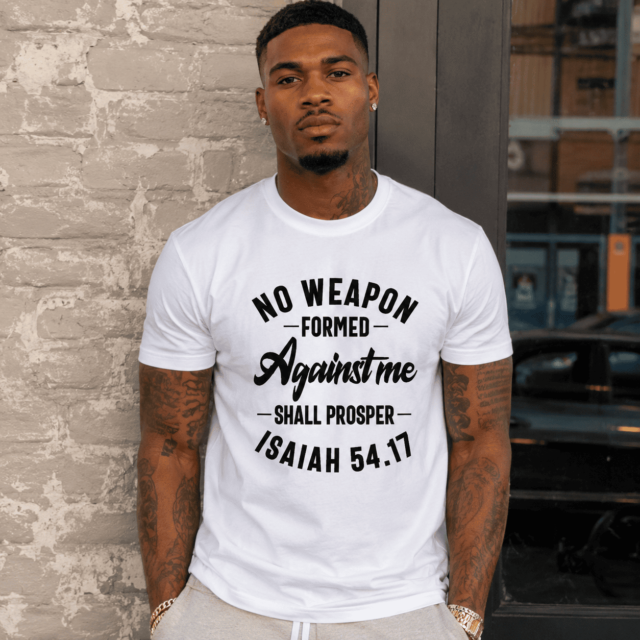 Isaiah 54:17 No Weapon Formed Against Me Tee - Christian Faith Graphic Shirt