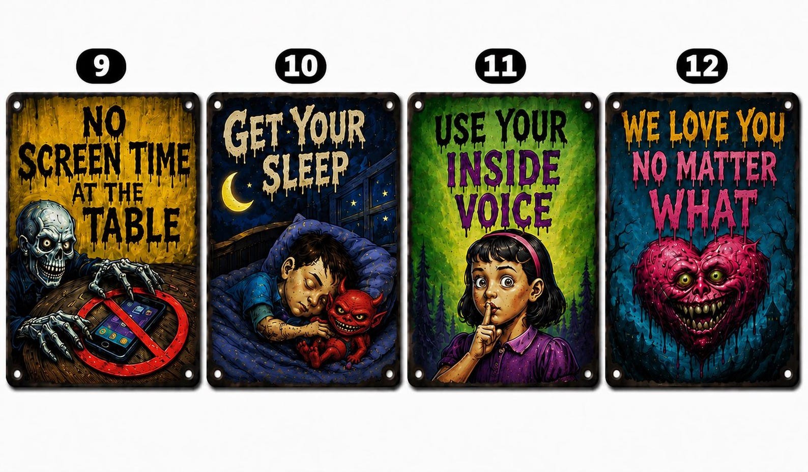 Horror Motivational Metal Sign Gothic Family Rules Plaque Spooky Wall Decor