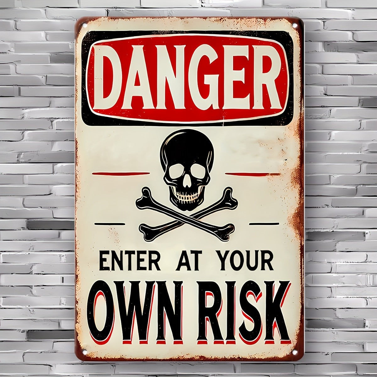 Vintage Danger Enter At Your Own Risk Metal Tin Sign - Retro Skull Tin Plaque