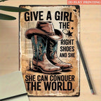Retro Western Boot Metal Tin Sign Vintage Country Cowgirl Conquer World Wall Art