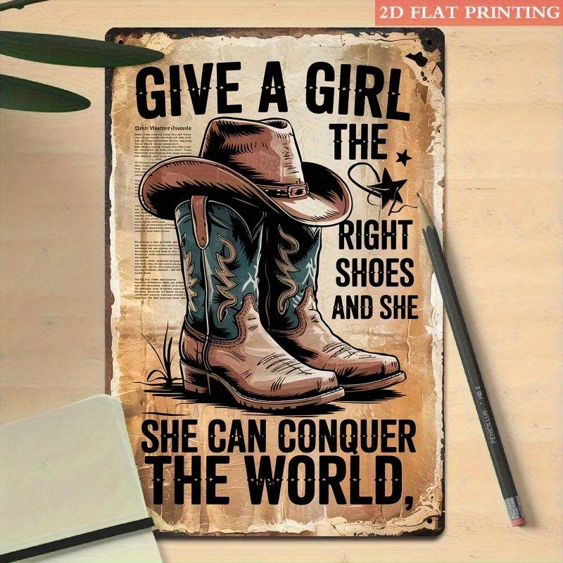 Retro Western Boot Metal Tin Sign Vintage Country Cowgirl Conquer World Wall Art