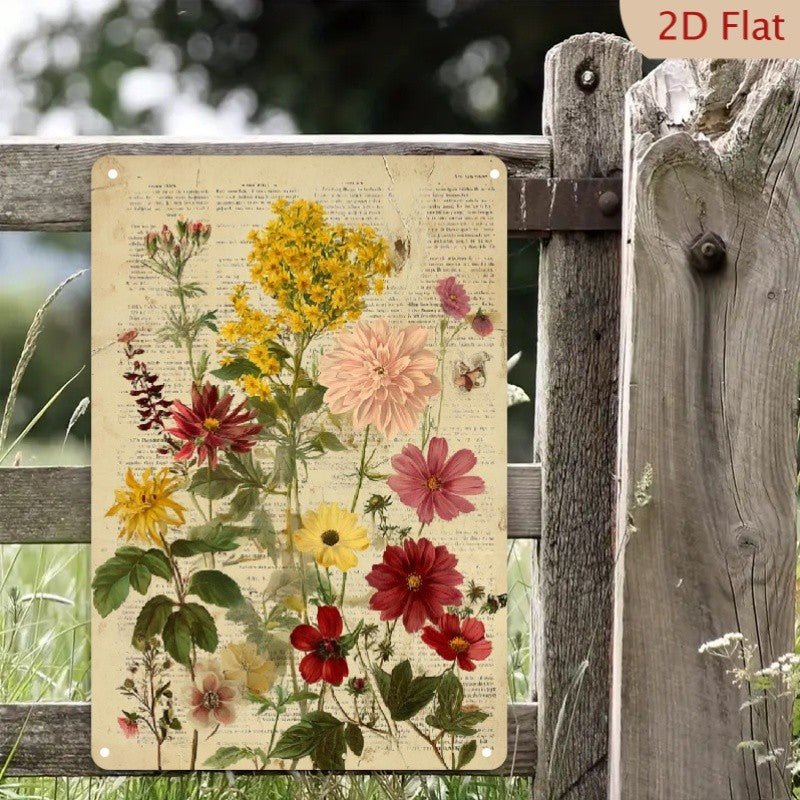 Cottagecore Wildflower Herbarium Tin Sign - Antique Script Metal Poster Art