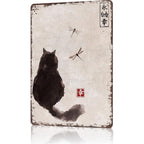 Japanese Calligraphy Cat Tin Sign - Minimalist Ink Wash Painting Metal Poster