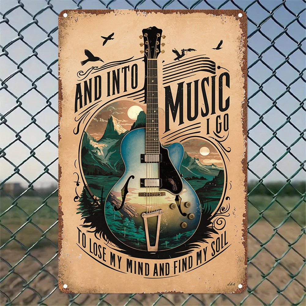 Into Music I Go Metal Tin Sign Vintage Guitar Wall Art Retro Rock And Roll Decor
